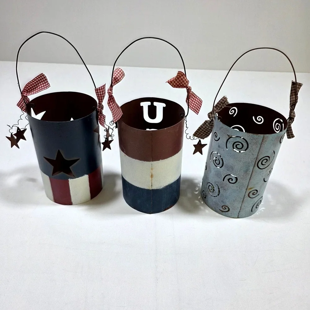 Lantern Set Red White Blue Patriotic USA Americana Decor farmhouse primitive